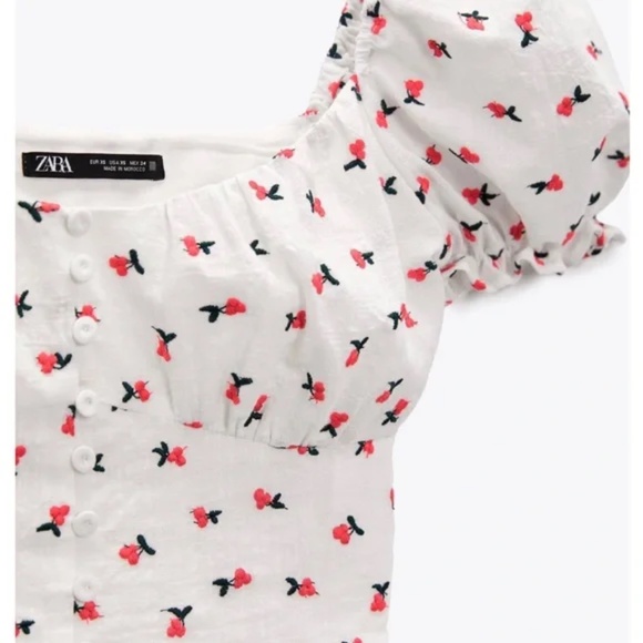 Zara | Embroidered Cherry Print Puff Sleeve Milkmaid Crop Top M - Picture 3 of 8